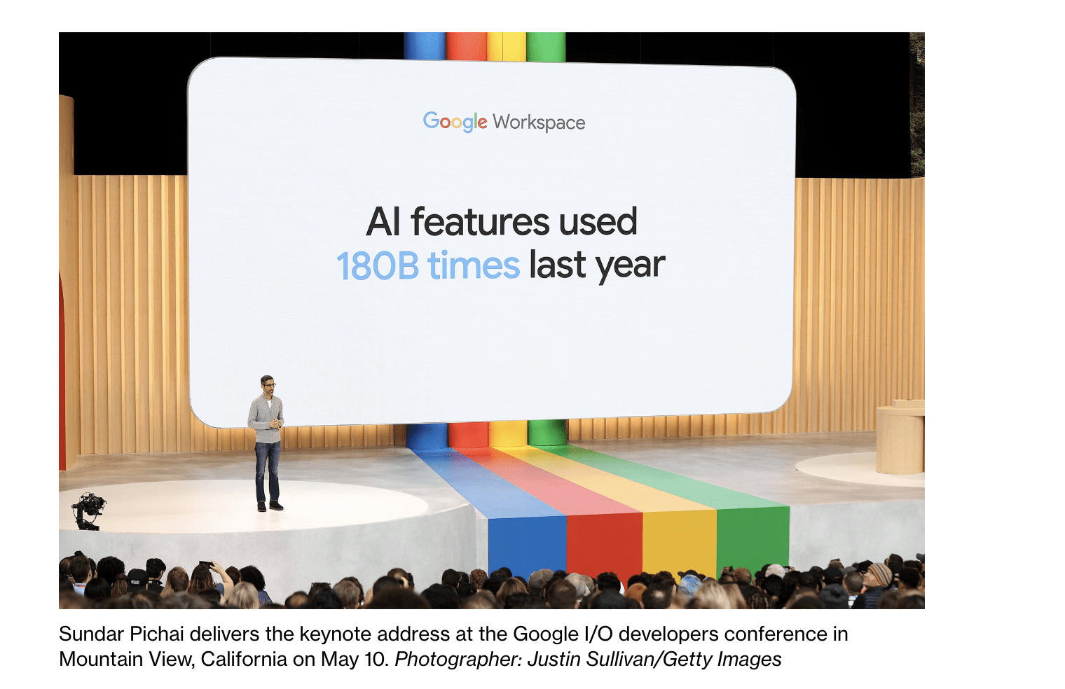 google executive on stage slide with AI data point behind him